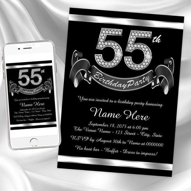 Invitation Fête d'anniversaire de 55 ans en argent (Classy 55th birthday party invitation. Instant download and printed invitations available.)