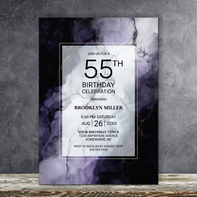Invitation Fête d'anniversaire de 55 ans en marbre violet élé (Créateur téléchargé)