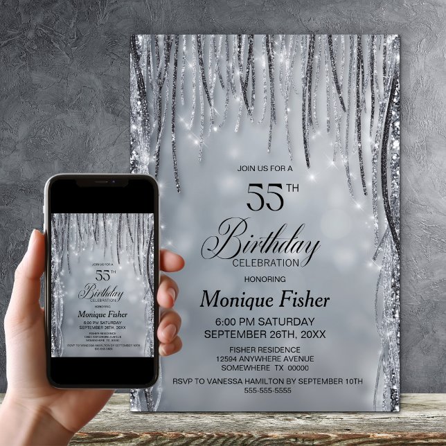Invitation Fête d'anniversaire de 55 ans pailletée noire et a (Créateur téléchargé)