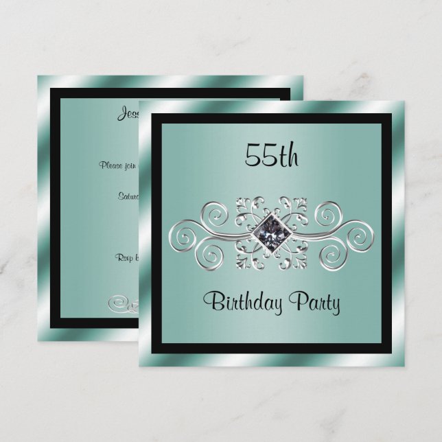 Invitation Fête d'anniversaire de 55 ans Silver Swirls & Diam (Devant / Derrière)