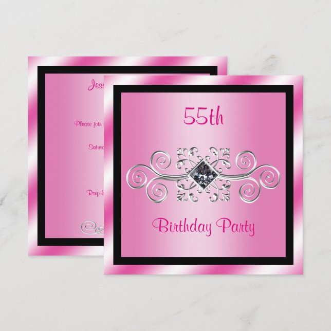 Invitation Fête d'anniversaire de 55 ans Silver Swirls & Diam (Devant / Derrière)