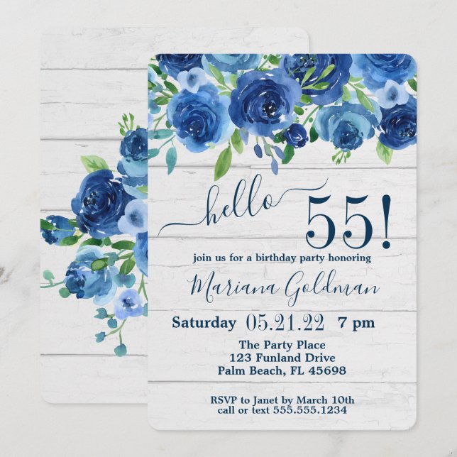Invitation Fête d'anniversaire de 55 ans sur le thème floral  (Devant / Derrière)