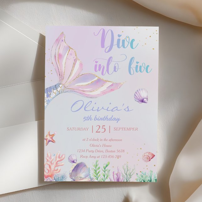 Invitation Fête d'anniversaire de 5 ans Mermaid Dive Into Fiv (Créateur téléchargé)
