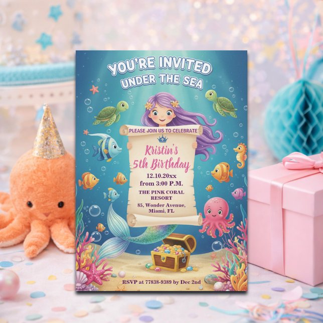 Invitation Fête d'anniversaire de 5 ans Mermaid Pink Under th (Créateur téléchargé)