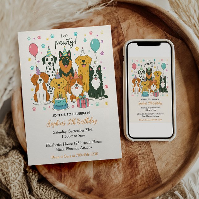 Invitation Fête d'anniversaire de 5 ans pour garçon avec des  (Cute Puppy Dogs Boy 5th Birthday Party Invitation)