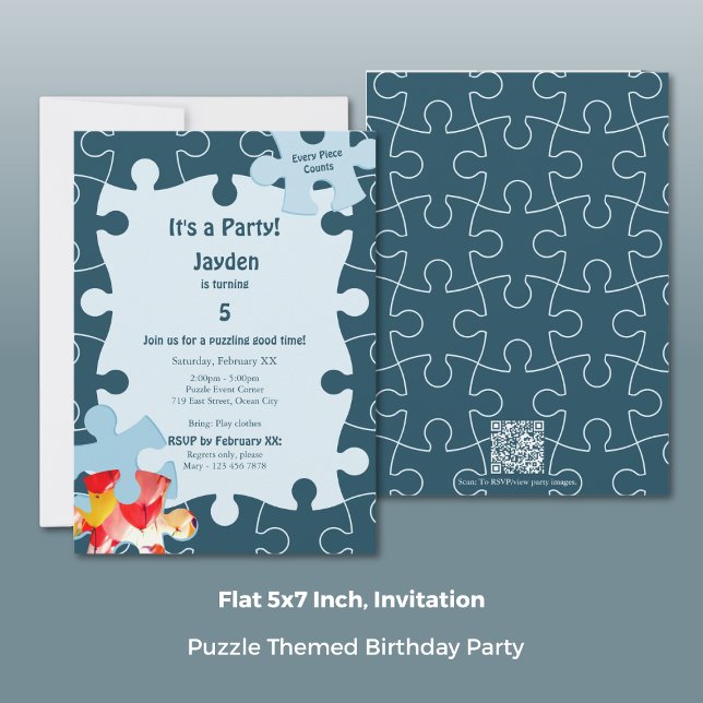 Invitation Fête d'anniversaire de 5 ans sur le thème du puzzl (Fun Jigsaw Puzzle Themed 5th Birthday Party Invitation, Portrait, Flat 5x7 Inch)