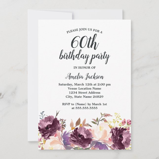 Invitation Fête d'anniversaire de 60 ans à l'aquarelle violet (Devant)
