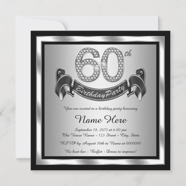 Invitation Fête d'anniversaire de 60 ans argentée (Devant)