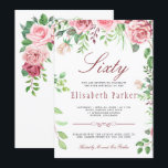 Invitation Fête d'anniversaire de 60 ans au jardin floral ros<br><div class="desc">Invitation élégante et rustique pour les soixante ans avec des roses peintes à la main de couleur rose blush et rouge burgundy entourées de feuilles et de feuillage verts, et avec un script de calligraphie éditable tendance et chic. Convient pour une fête de printemps, d'été ou d'automne dans un jardin...</div>