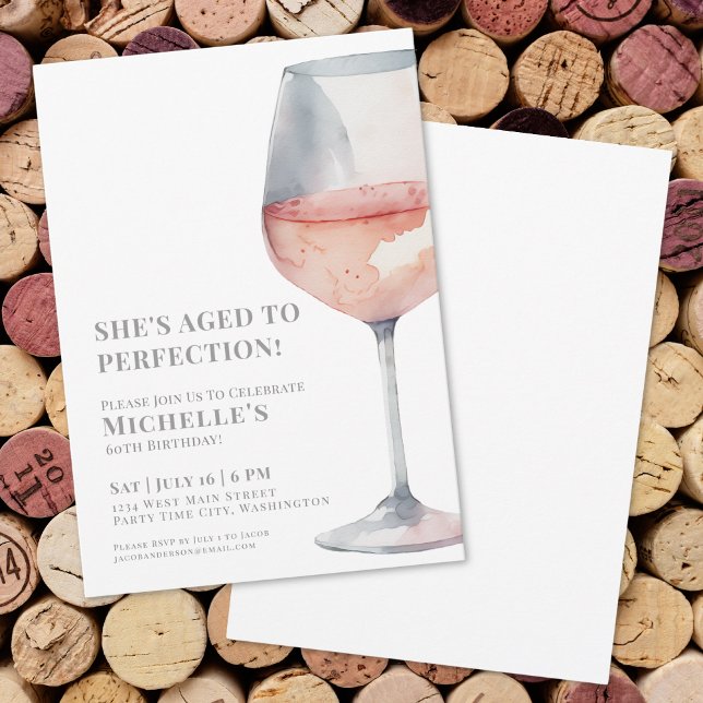 Invitation Fête d'anniversaire de 60 ans au vin rose élégant (Wine Sixty 60th Birthday Party Invitation)