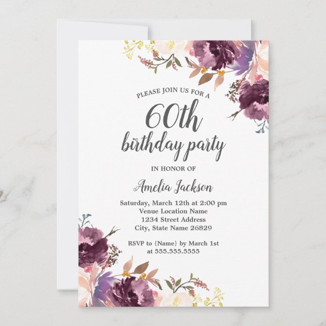 Invitation Fête d'anniversaire de 60 ans aux fleurs aquarelle (Devant)