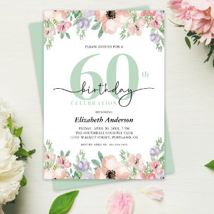 Invitation Fête d'anniversaire de 60 ans aux fleurs pastel él