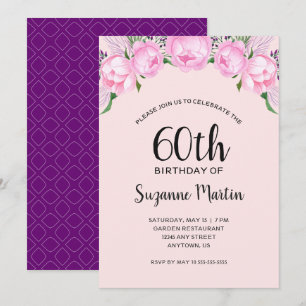 Invitation Fête d'anniversaire de 60 ans aux pivoines roses a