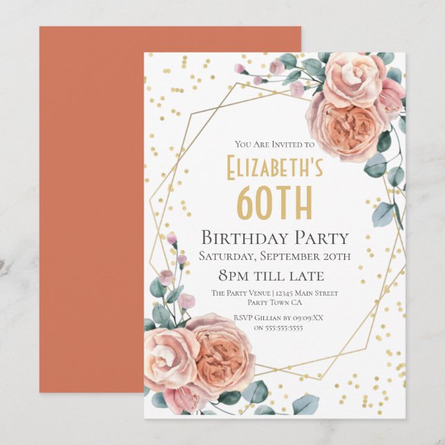 Invitation Fête d'anniversaire de 60 ans aux roses et eucalyp (Devant / Derrière)