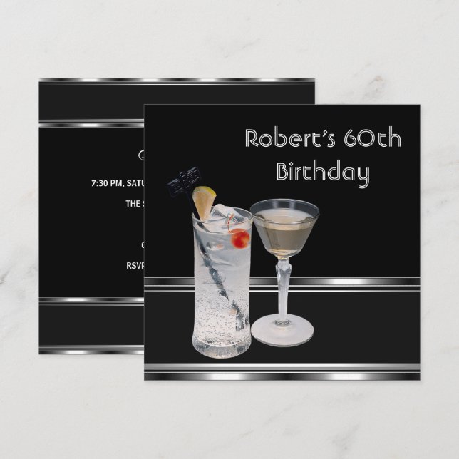 Invitation Fête d'anniversaire de 60 ans Boissons Noir Argent (Devant / Derrière)