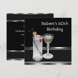 Invitation Fête d'anniversaire de 60 ans Boissons Noir Argent