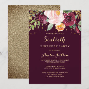 Invitation Fête d'anniversaire de 60 ans Burgundy Gold Floral