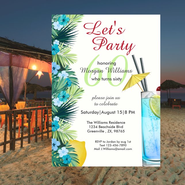 Invitation Fête d'anniversaire de 60 ans Cocktail Bleu d'Été  (Créateur téléchargé)