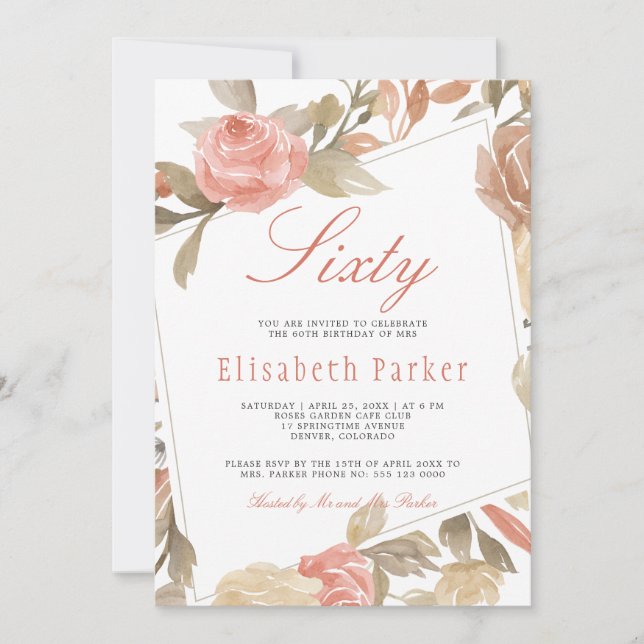 Invitation Fête d'anniversaire de 60 ans Dusty Rose Peach Cre (Devant)