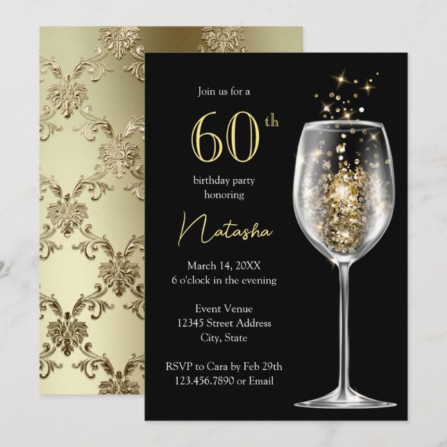 Invitation Fête d'anniversaire de 60 ans élégante en noir et  (Devant / Derrière)