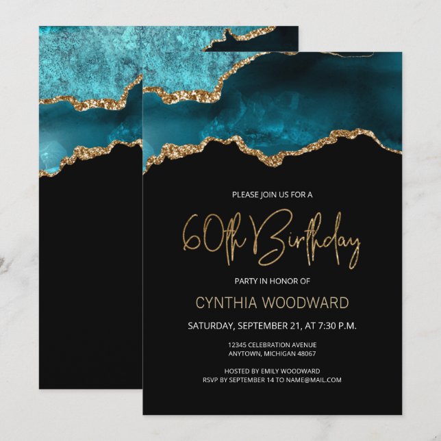 Invitation Fête d'anniversaire de 60 ans élégante sarcelle or (Devant / Derrière)