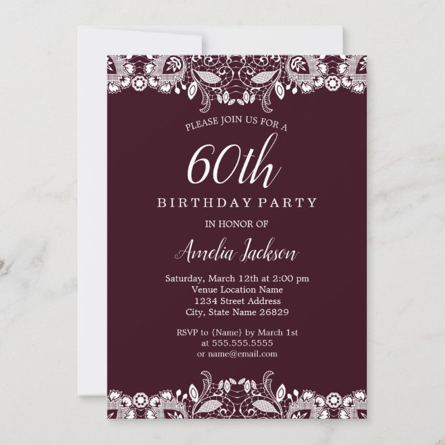 Invitation Fête d'anniversaire de 60 ans en dentelle blanche  (Devant)