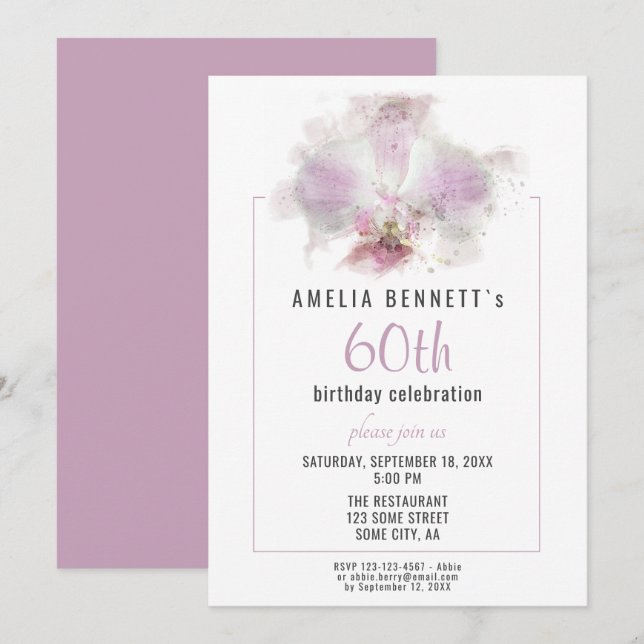 Invitation Fête d'anniversaire de 60 ans Fleur orchidée rose  (Devant / Derrière)