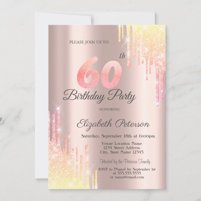 Invitation Fête d'anniversaire de 60 ans Ombre Glitter Drips  (Devant)