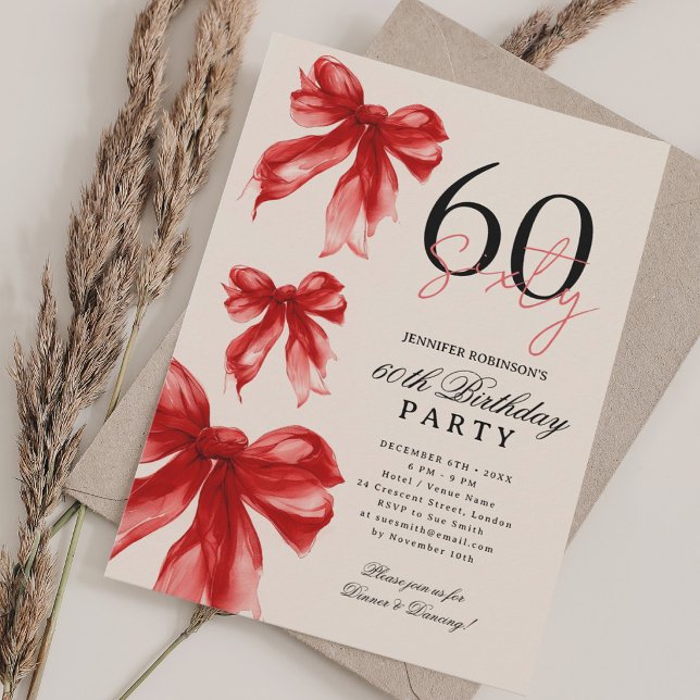 Invitation Fête d'anniversaire de 60 ans Ruban Coquette Aquar (Red Watercolor Coquette Bow 60th Birthday Party Invitation)