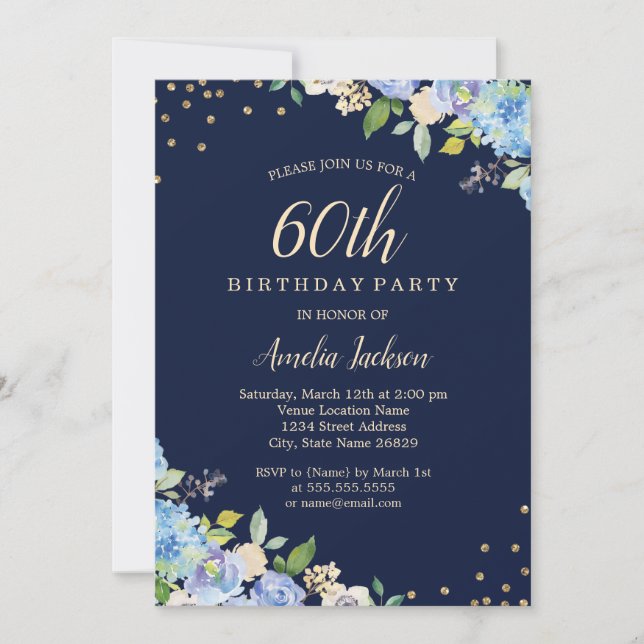 Invitation Fête d'anniversaire de 60 ans Sparkle Floral Bleu (Devant)