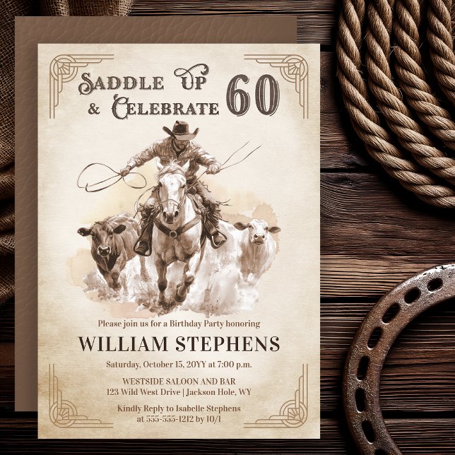 Invitation Fête d'anniversaire de 60 ans sur le thème des cow (Vintage western cowboy 60th birthday invitation with rustic rodeo artwork)