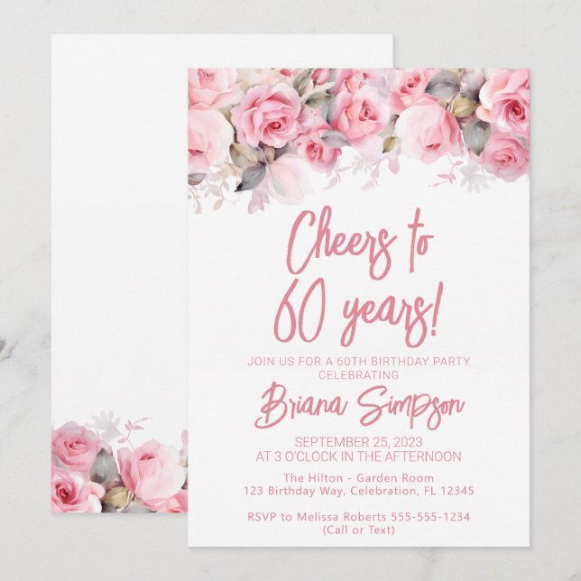 Invitation Fête d'anniversaire de 60 ans thème Roses Florales (Devant / Derrière)