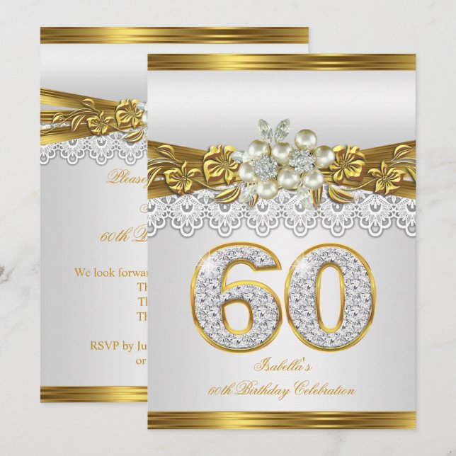 Invitation Fête d'anniversaire de 60 ans White Pearl Gold Lac (Devant / Derrière)