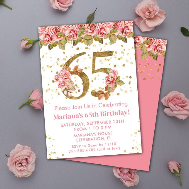 Invitation Fête d'anniversaire de 65 ans à paillettes dorées  (Créateur téléchargé)
