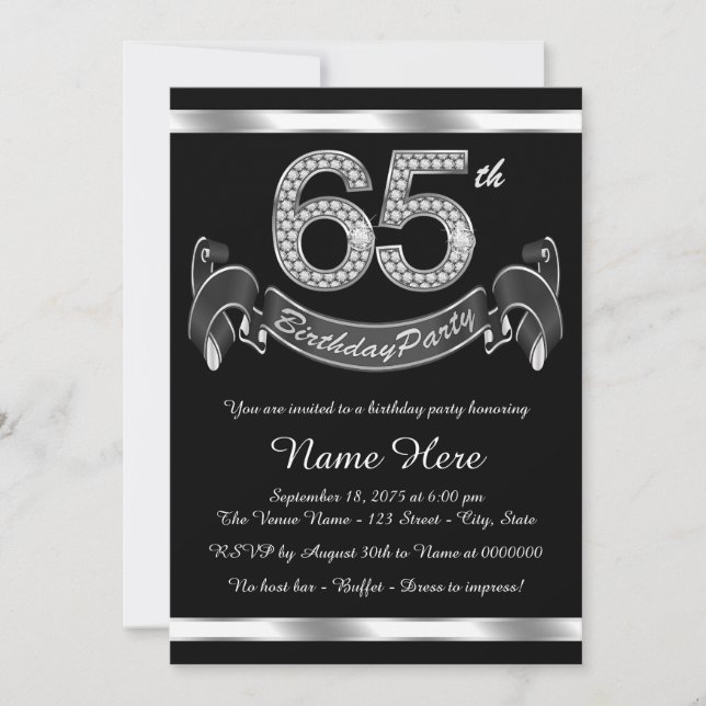 Invitation Fête d'anniversaire de 65 ans argentée (Devant)