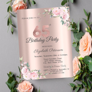 Invitation Fête d'anniversaire de 65 ans Rose Gold Floral Ros