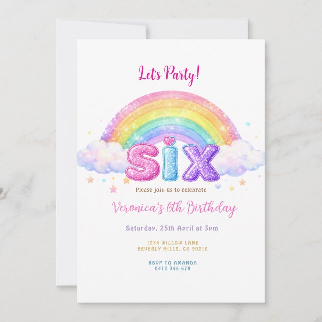 Invitation Fête d'anniversaire de 6 ans Cloud and Rainbow  (Devant)