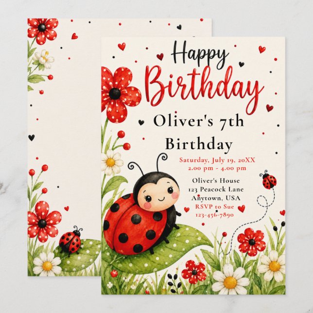 Invitation Fête d'anniversaire de 6 ans de coccinelle mignonn (Devant / Derrière)