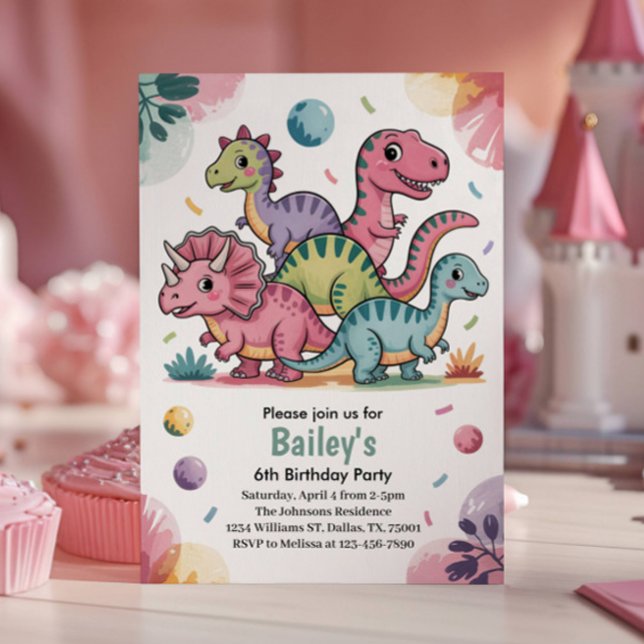 Invitation Fête d'anniversaire de 6 ans de dinosaure rose mig (Créateur téléchargé)