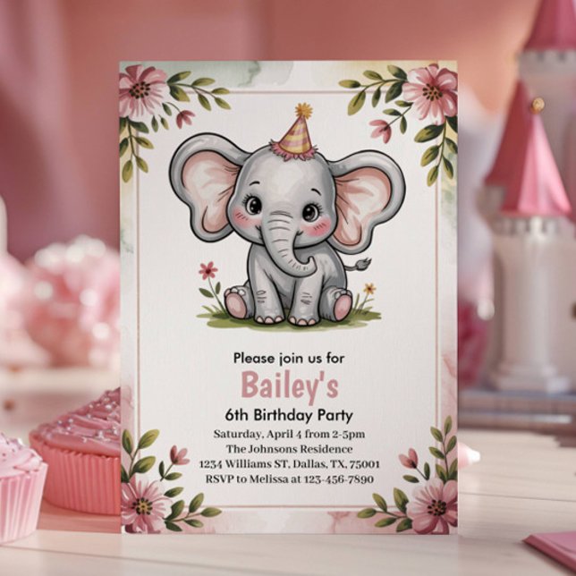 Invitation Fête d'anniversaire de 6 ans éléphant rose mignon  (Créateur téléchargé)