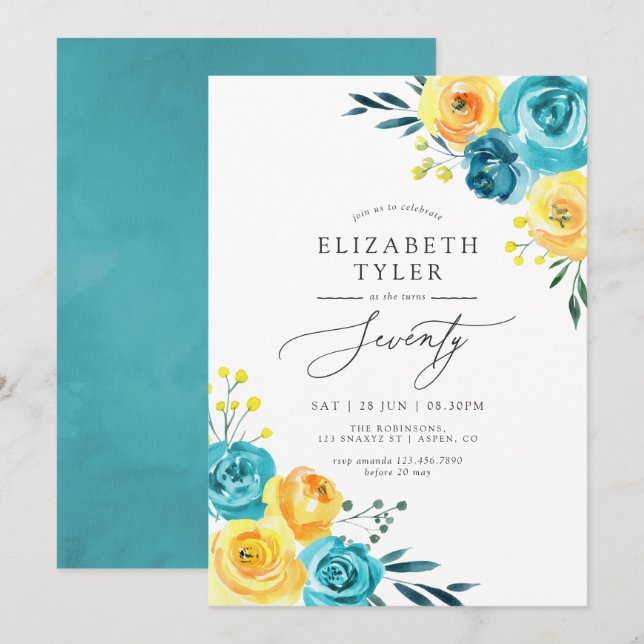 Invitation Fête d'anniversaire de 70 ans aux fleurs turquoise (Devant / Derrière)