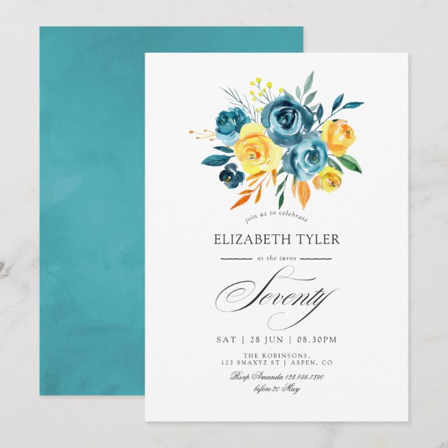 Invitation Fête d'anniversaire de 70 ans aux fleurs turquoise (Devant / Derrière)