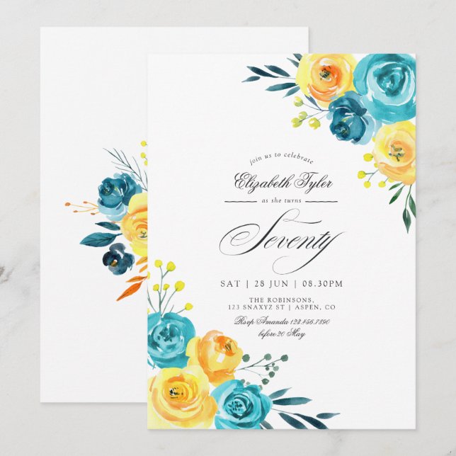 Invitation Fête d'anniversaire de 70 ans aux fleurs turquoise (Devant / Derrière)