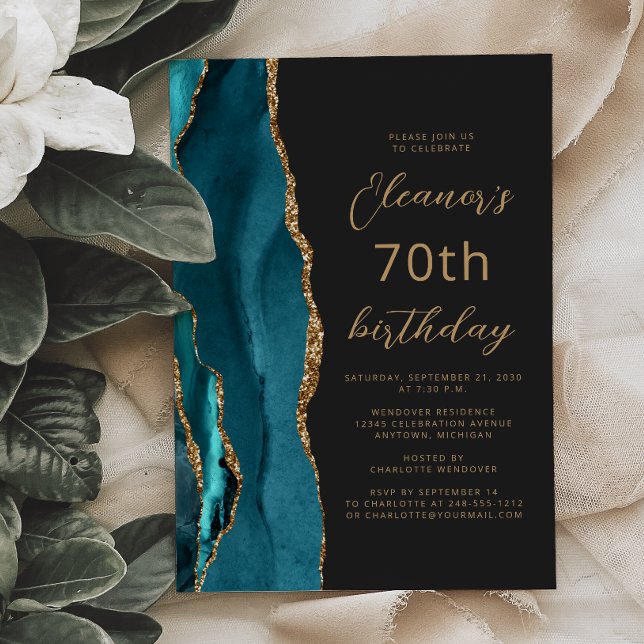 Invitation Fête d'anniversaire de 70 ans Bleu sarcelle Or Aga (Créateur téléchargé)