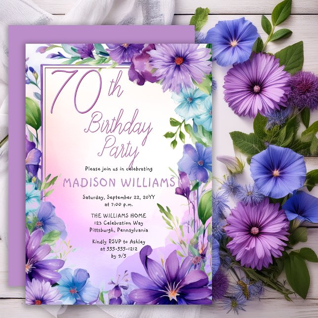Invitation Fête d'anniversaire de 70 ans Boho Morning Glories (Elegant Boho Aster | Morning Glories Floral 70th Birthday Party Invitation Print | Digital Download)
