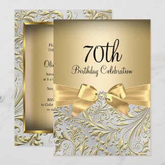 Invitation Fête d'anniversaire de 70 ans Elegant Gold Bow Flo
