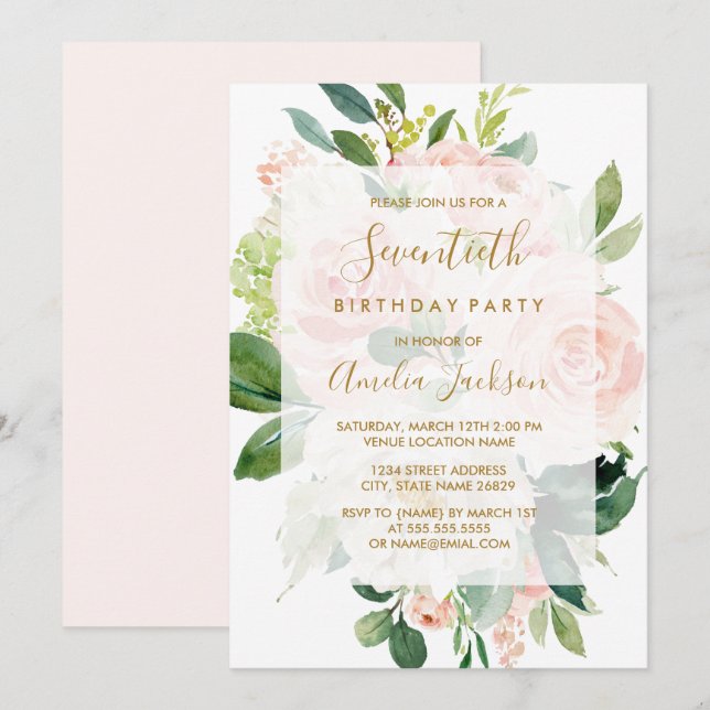 Invitation Fête d'anniversaire de 70 ans Elegant Pink Peach B (Devant / Derrière)