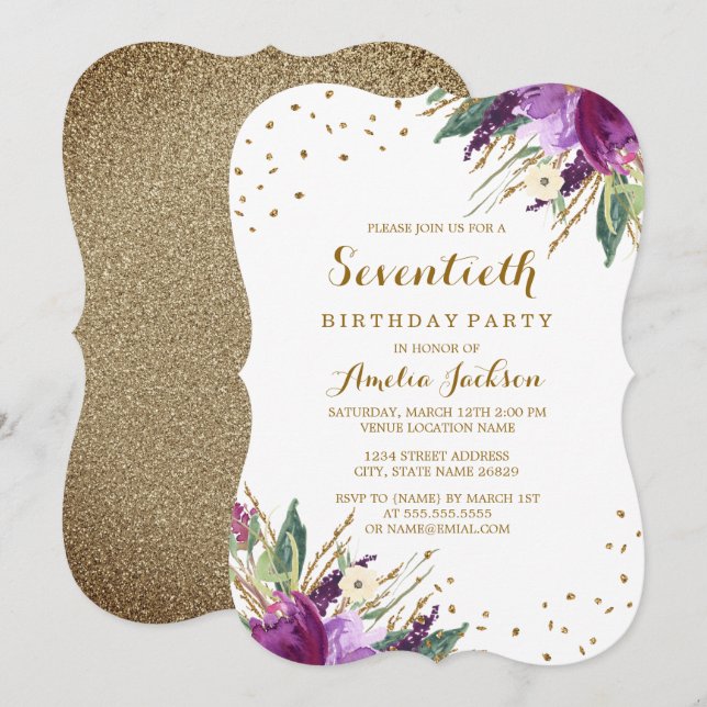 Invitation Fête d'anniversaire de 70 ans Fleur Or Violet Aqua (Devant / Derrière)