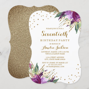 Invitation Fête d'anniversaire de 70 ans Fleur Or Violet Aqua