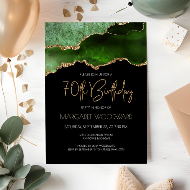 Invitation Fête d'anniversaire de 70 ans Green Gold Agate (Créateur téléchargé)